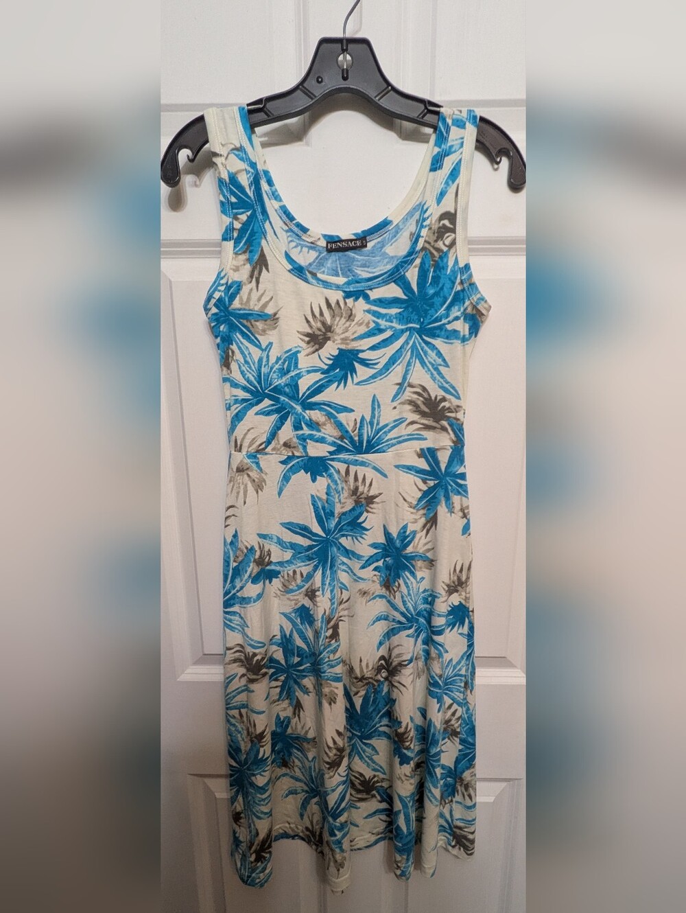 Fensace Tropical Blue Palm Print Tank Dress